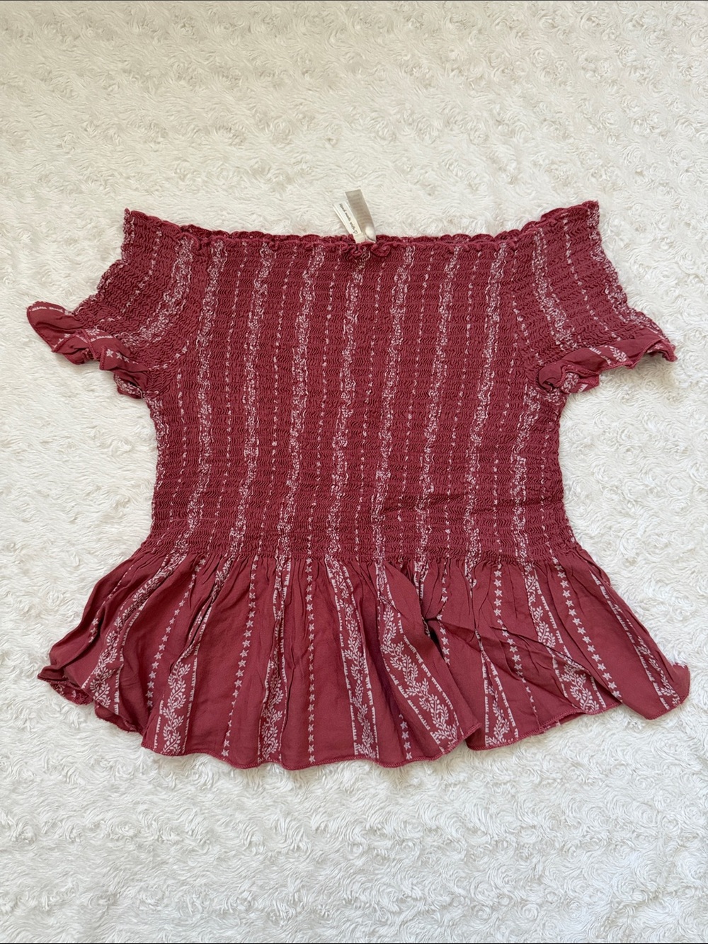 Japna Burgundy Smocked Off-Shoulder Ruffle Hem Top